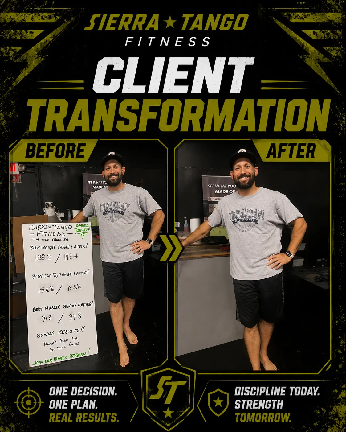 Client Transformation — body fat 15.6% to 13.8% in 10 weeks — before and after transformation at Sierra Tango Fitness in Lodi, CA