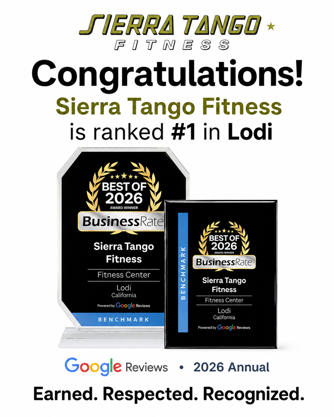 Sierra Tango Fitness ranked #1 fitness center in Lodi, California — BusinessRate Best of 2026 Award Winner plaques