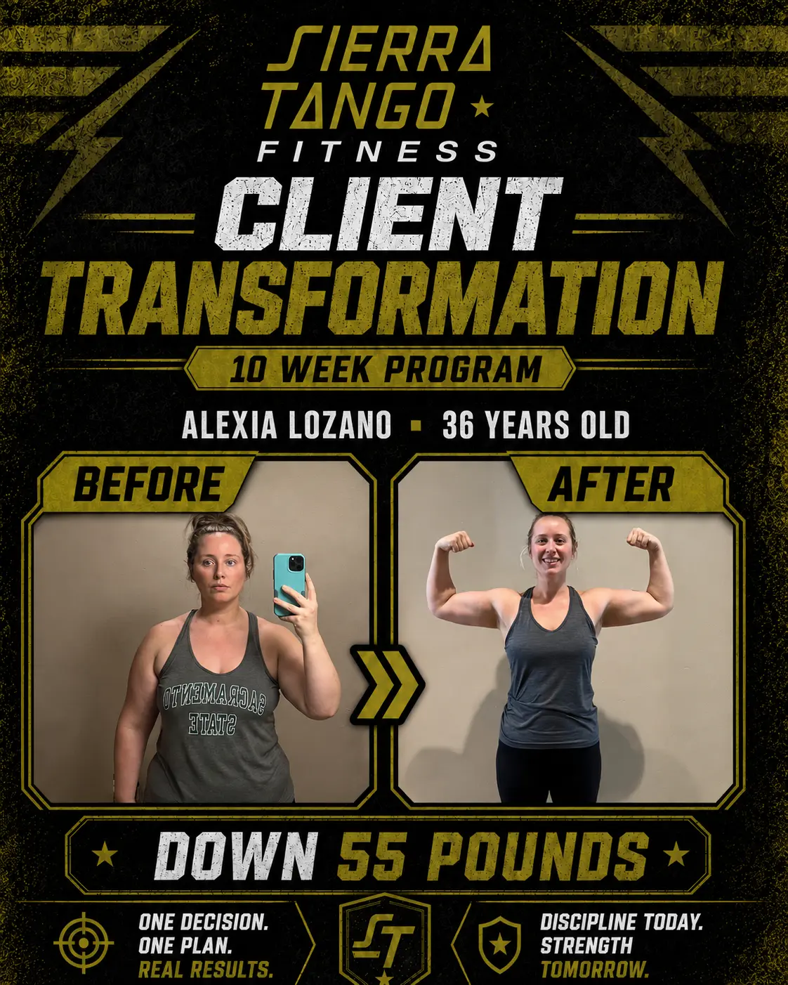 Alexia Lozano — 36 years old, down 55 pounds in 10 weeks — before and after transformation at Sierra Tango Fitness in Lodi, CA
