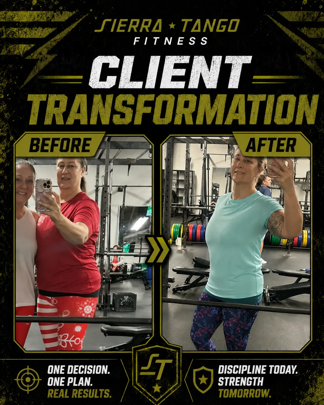 Client Transformation — strength and body composition change — before and after transformation at Sierra Tango Fitness in Lodi, CA