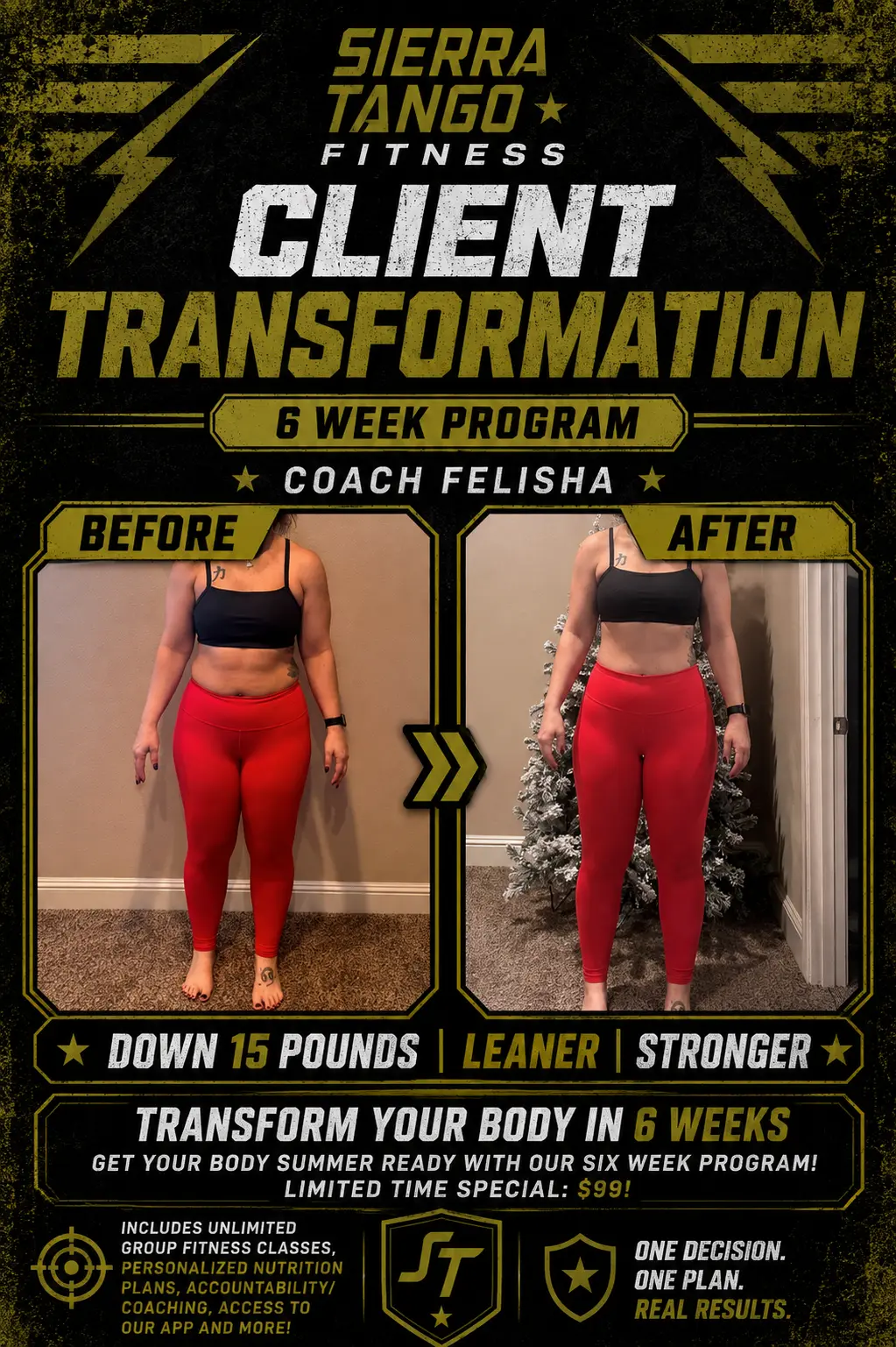 Coach Felisha — down 15 pounds in 6 weeks — before and after transformation at Sierra Tango Fitness in Lodi, CA