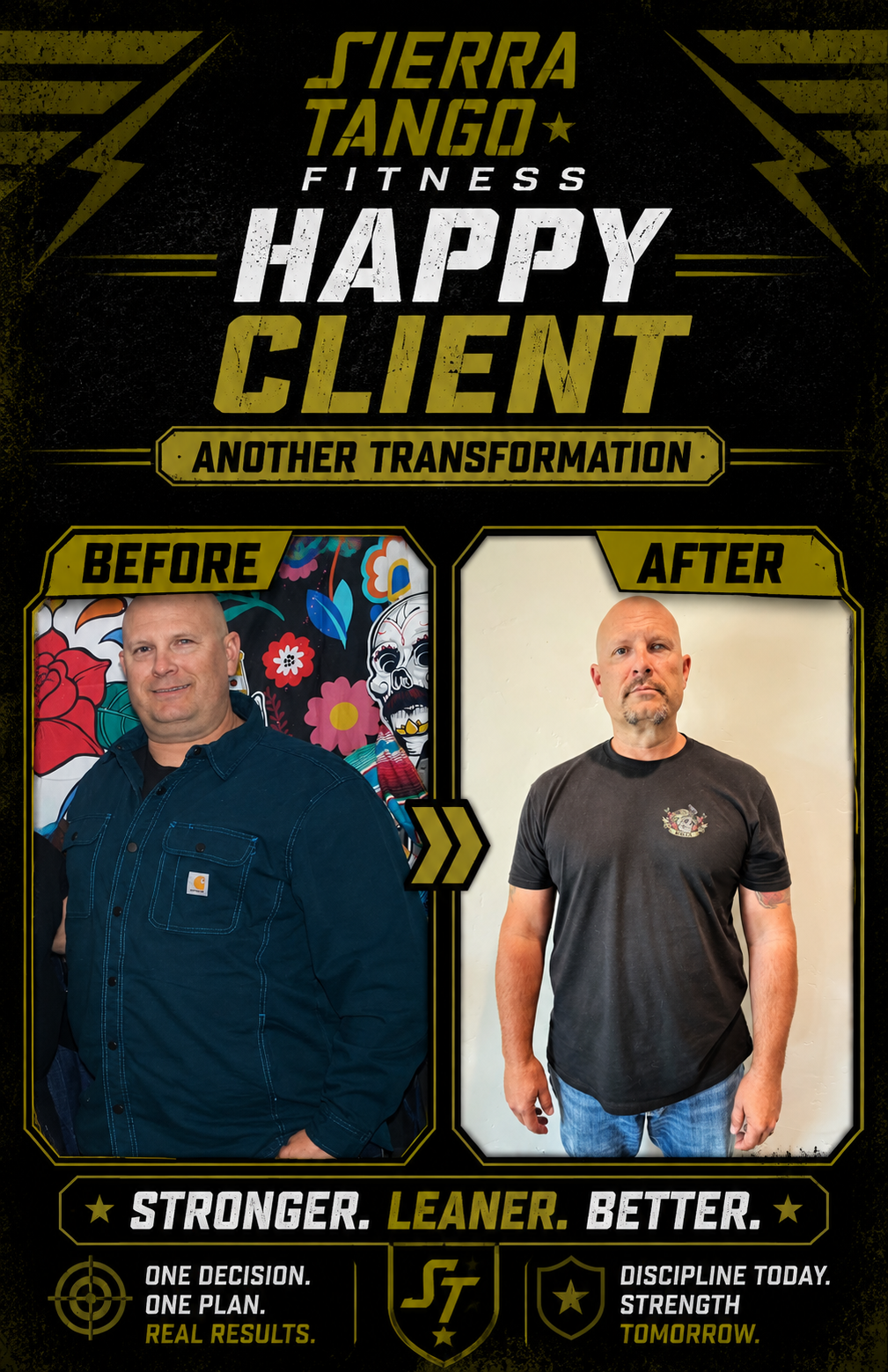 Happy Client Transformation — stronger, leaner, better — before and after transformation at Sierra Tango Fitness in Lodi, CA