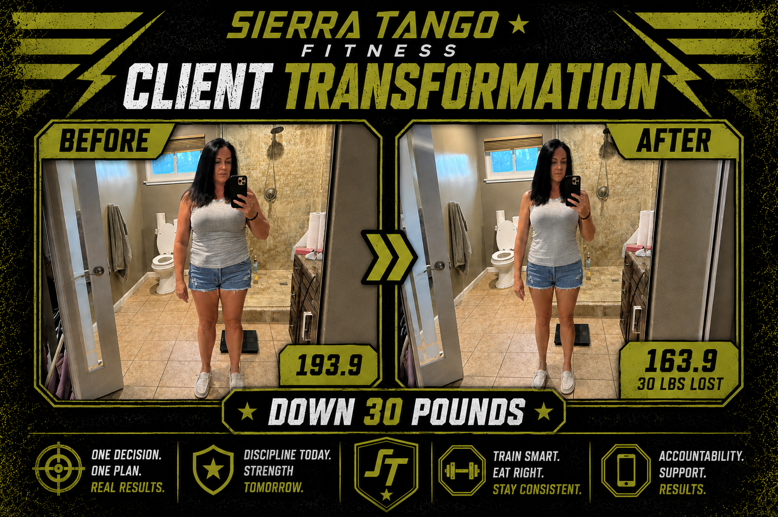 Client Transformation — down 30 pounds, 193.9 to 163.9 — before and after transformation at Sierra Tango Fitness in Lodi, CA