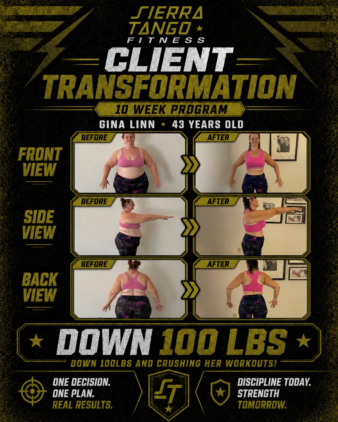 Gina Linn — 43 years old, down 100 pounds in 10 weeks — before and after transformation at Sierra Tango Fitness in Lodi, CA
