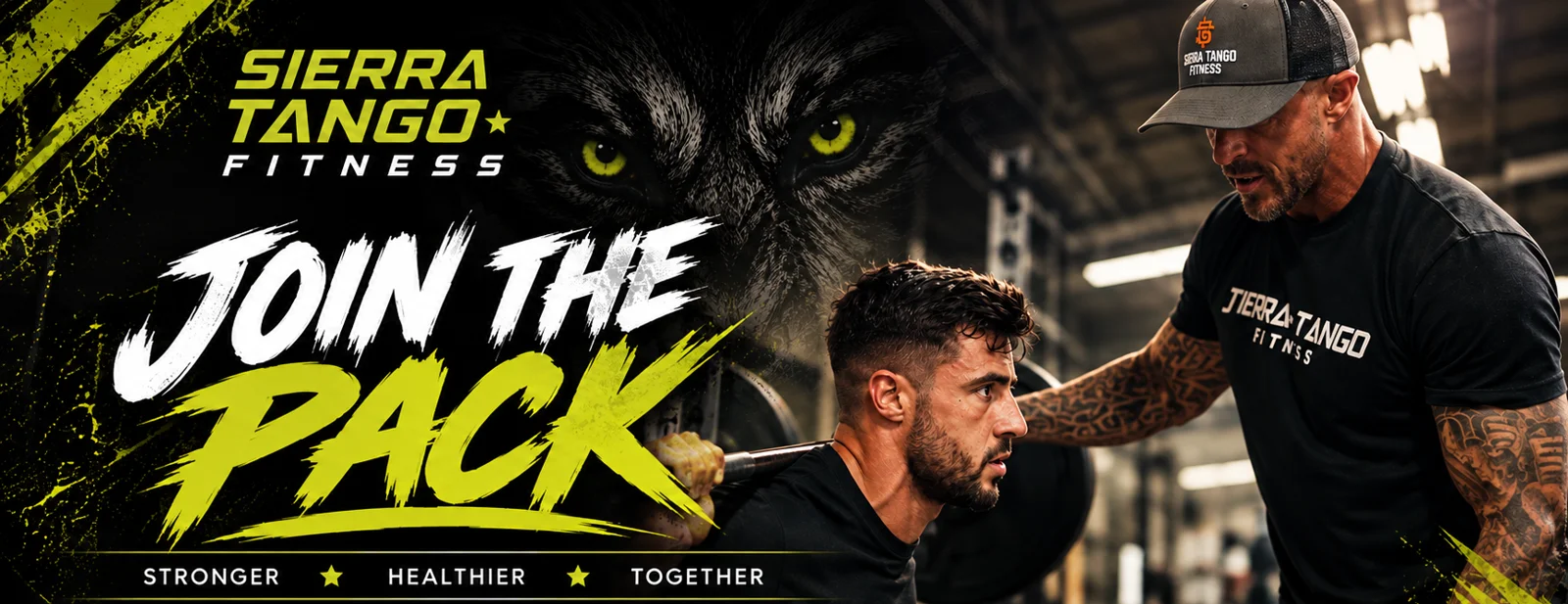 Coach Joel Flynn coaching an athlete through a barbell squat under the Sierra Tango Fitness Join the Pack banner
