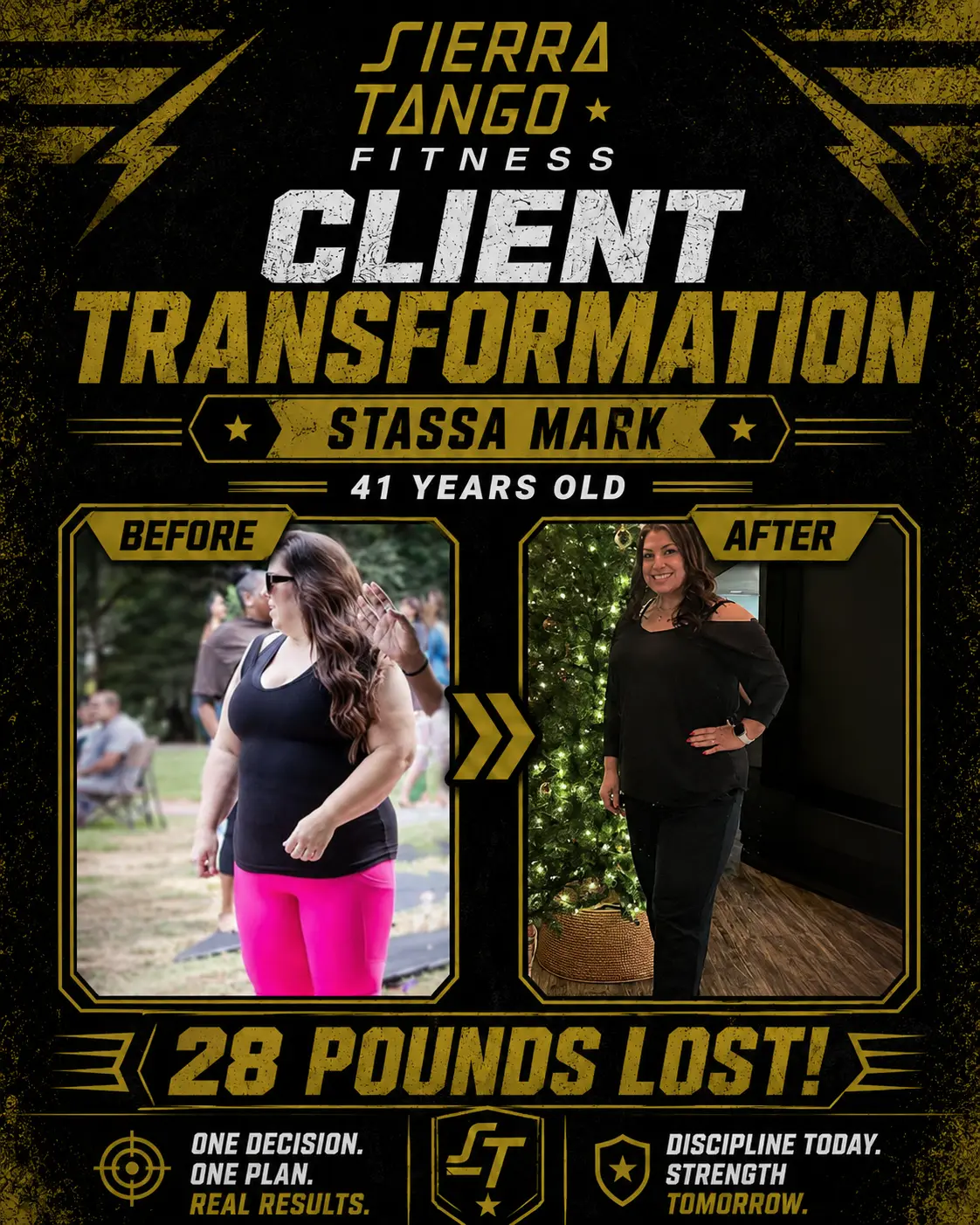 Stassa Mark — 41 years old, 28 pounds lost — before and after transformation at Sierra Tango Fitness in Lodi, CA