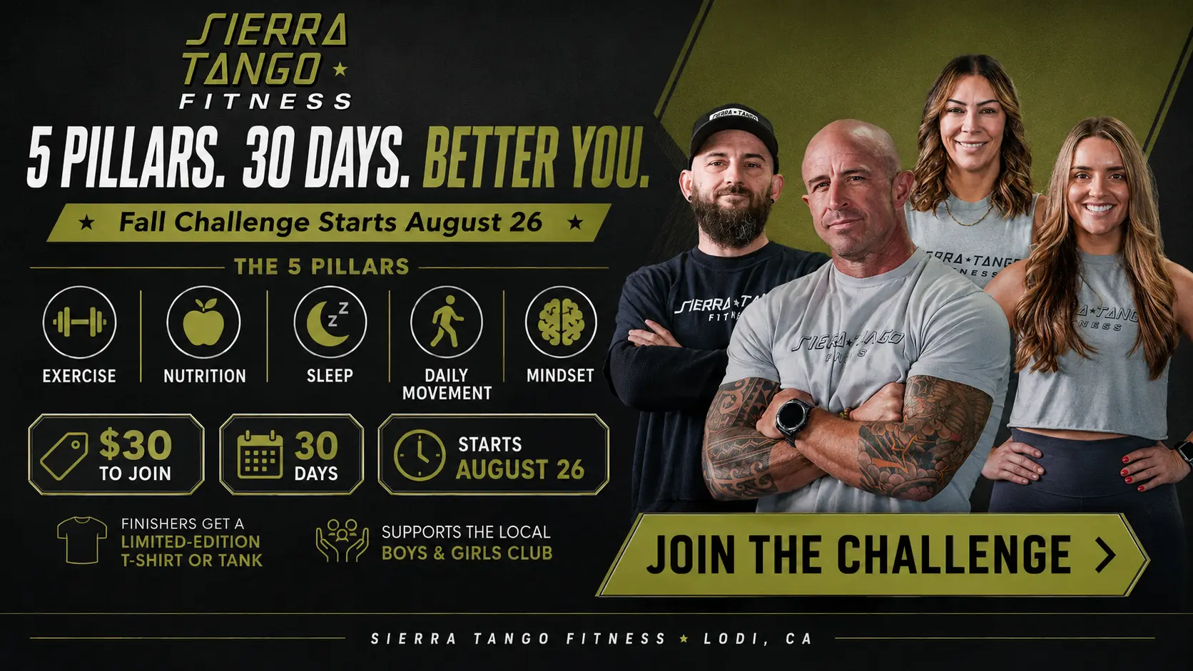 Sierra Tango 30-Day Fall Challenge five pillars: exercise, nutrition, sleep, daily movement, and mindset — starts August 26 in Lodi, CA