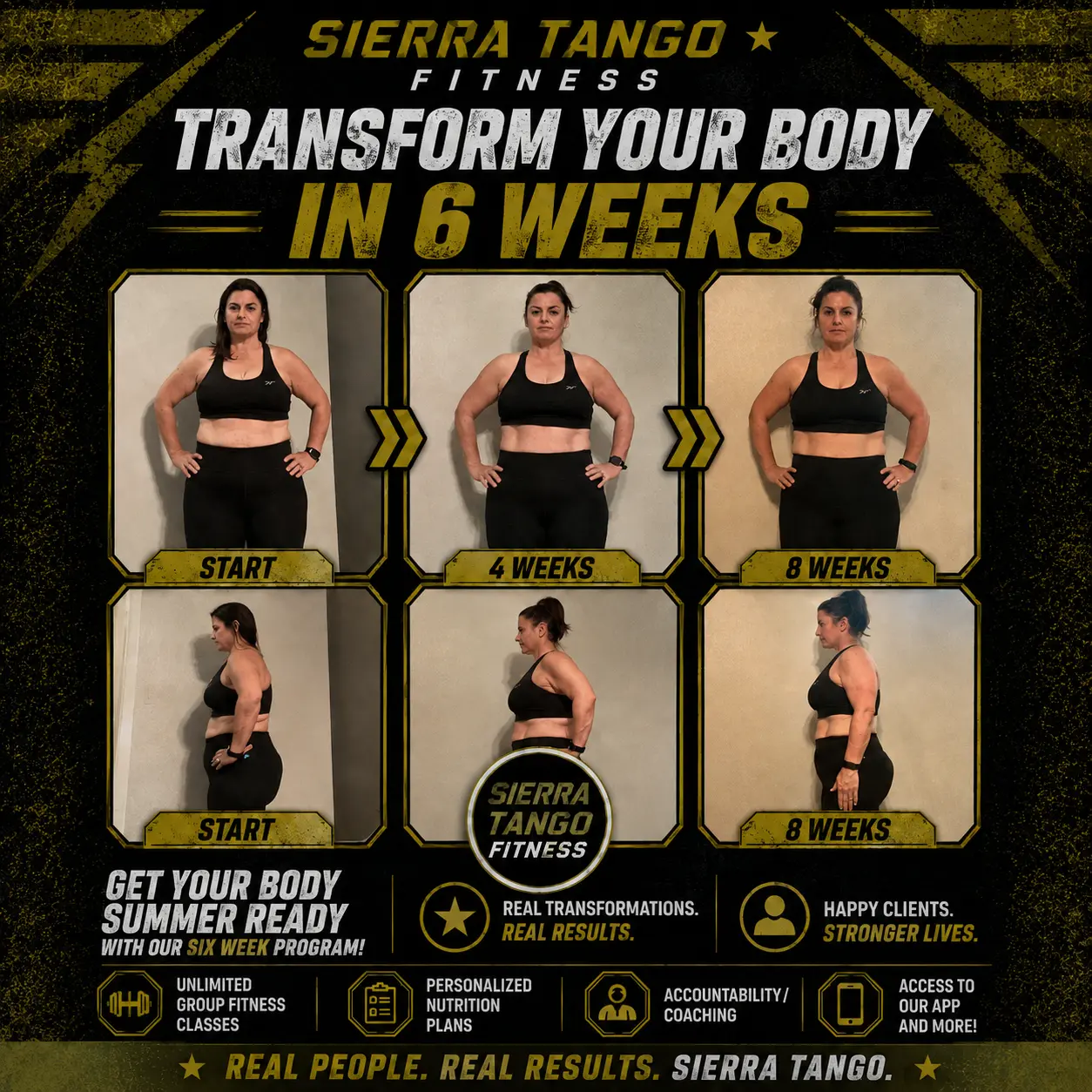 Client Progress — start to 8 weeks body transformation — before and after transformation at Sierra Tango Fitness in Lodi, CA