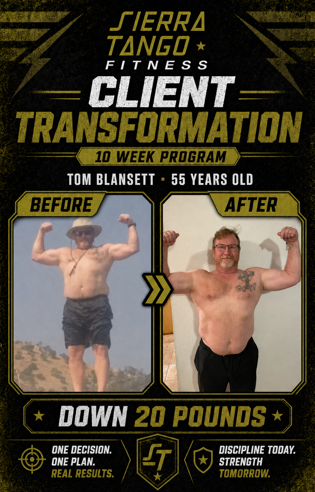 Tom Blansett — 55 years old, down 20 pounds in 10 weeks — before and after transformation at Sierra Tango Fitness in Lodi, CA
