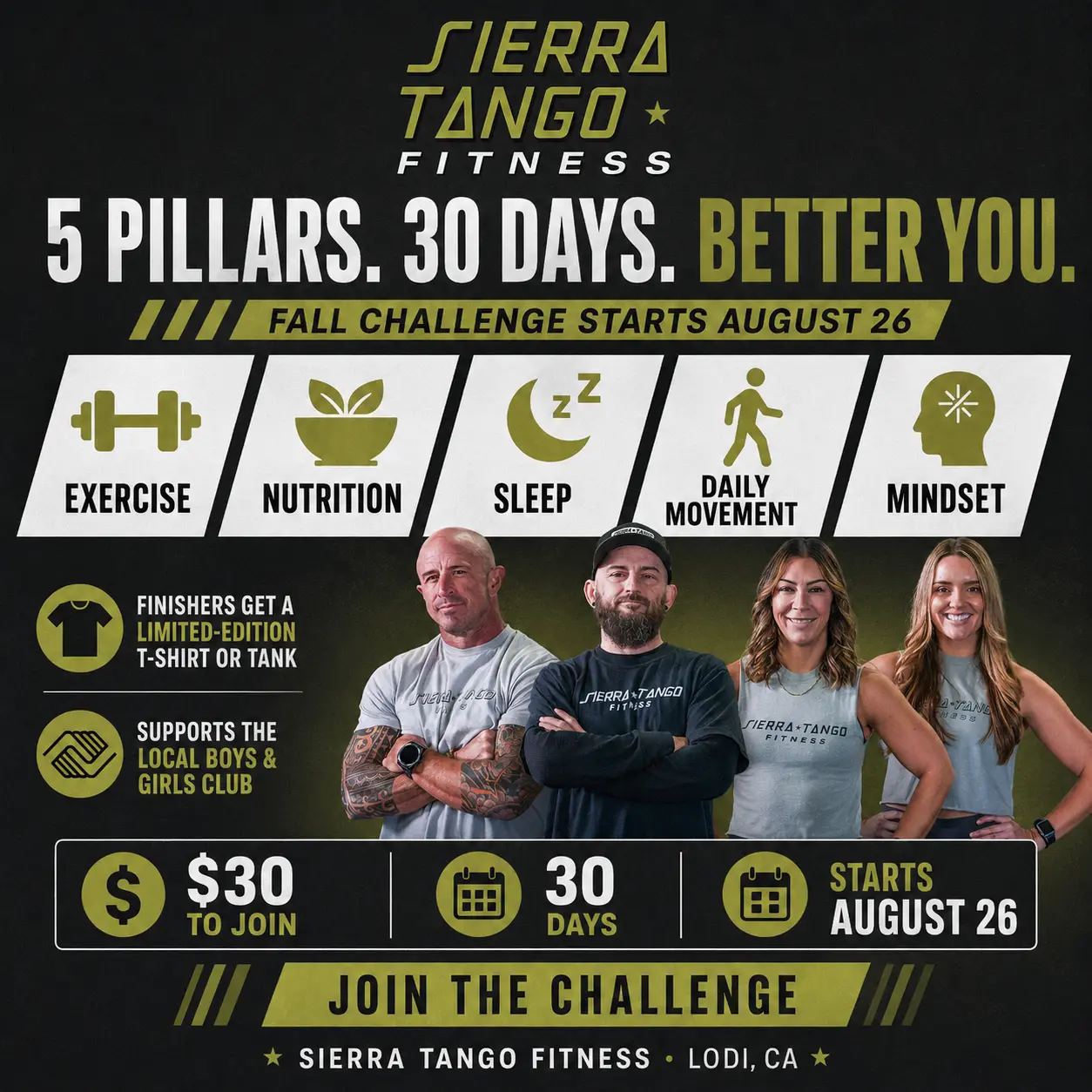 Five pillars, 30 days, better you — Sierra Tango Fitness Fall Challenge sign-up graphic for Lodi, CA