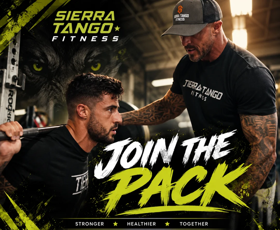 Coach Joel Flynn guiding an athlete through a barbell squat, Sierra Tango Fitness Join the Pack banner